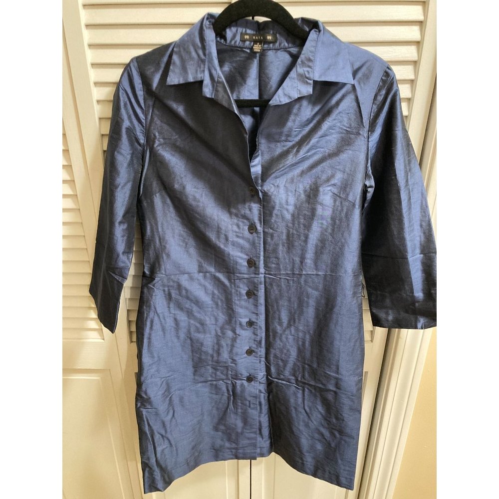 100% Silk BAIA Short Sleeve Blue Shimmery Knee Length Dress Size 2 NO BELT